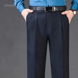 Pantaloni da uomo a doppia piega Pantaloni larghi a vita alta Pantaloni da uomo casual da lavoro formale Pantaloni spessi Autunno Inverno 240226