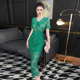 Maternity Dresses ZJYT Hollow Out Green Midi Lace Dress for Women Summer Elegant Sexy Party Dresses Short Sleeve Elegant Vestidos Para Mujer 2024 L240308