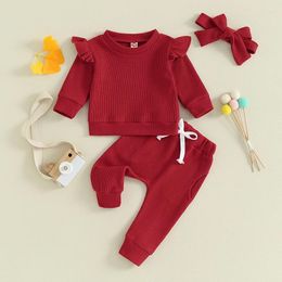 Clothing Sets Toddler Baby Girl Clothes Solid Color Crewneck Ruffle Sweatshirt And Elastic Waist Pants Set Fall Winter Outfits