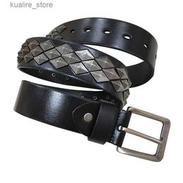 Belts 3.8CM Heavy Metal Real Genuine Leather Belt Men Metal Stud Punk Male Jeans Belts StrapBlack L240308