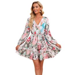 European and American Women's Spring/summer Vacation Casual Style Printed Bohemian V-neck Print Lace-up Long-sleeved Dress