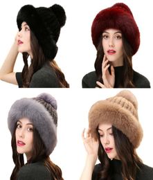 Real Mink Fur Christmas Hats Real Fox Fur Brim Winter Warm Cap For Women 9Colors5620908