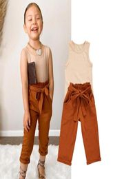 Clothing Sets 2Pcs Girls Outfit Set Toddlers Kids Summer Solid Color Sleeveless Round Collar Vest Brown Ninth Pants With Belt Chil8394036