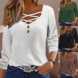Women's Blouses Women Blouse Chic V-neck Pullover Tops With Hollow Out Detail Button Accents For A Soft Loose Fit In Spring Fall Seasons