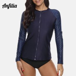 Swimwear Anfilia Women Long Sleeve Rashguard Shirt Zipper Swimsuit Top Polka Dot Swimwear Surfing Top Diving Shirts Rash Guard UPF50+