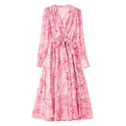 2024 Spring Pink Floral Print Waist Belted Dress Long Sleeve V-Neck Midi Casual Dresses W4M053212