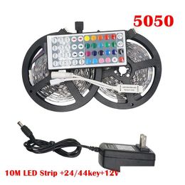 Led Strips Rgb Led Strip Light 5050 5M 10M Ip20 Leds Tape Ribbon Flexible Mini Ir Controller Dc12V Adapter Set Drop Delivery Lights Li Dhgde