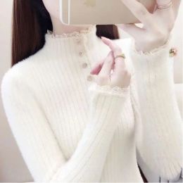 Pullovers Women's Autumn Winter Solid Turtleneck Screw Thread Flocking Lace Metal Long Sleeve Sweater Knitted Undershirt Tops