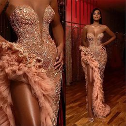 Lüks Tatlım Deniz Kızı Prom Elbise 2024 Işıltılı Boncuklu Fırıltılar Yüksek Yatık Arapça Akşam Elbise Vestidos De Ocasion Formales