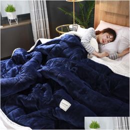 Blanket Super Soft Warm Luxury Three-Layer Thick Quilting Solid Color Bedspread Coral Fleece Home Throws Adt Bed Er Winter 201 Drop De Dhxgh