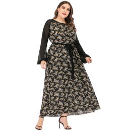 Dresses Plus Size Summer Dress Woman 2022 Long Sleeve Patchwork Floral Print Casual Dress Belt Loose Oversized Maxi Long Dresses