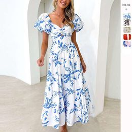 Spring And Casual Dresses Summer Elegant Slim Print Puff Sleeve Large Swing High End Dress Women