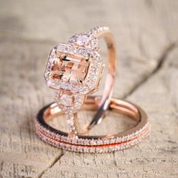 Cluster Rings 2021 Luxury Rose Gold Colour Princess Wedding Ring Set For Women Lady Anniversary Gift Jewellery Bague Femme Homme Anel273V
