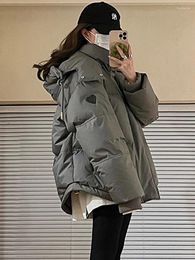 Women's Trench Coats Women Solid Loose Puffer Jacket Winter Korean Chic Oversized Thickened Hooded Warm Parkas Female Grey Coat Lady Padded