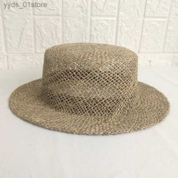 Wide Brim Hats Bucket Hats Natural Str Canotier Flatted Top Wide Brimmed Boater Hat bEACH Preppy Summer Sun Festival Beach Holiday Birtay Gift For Him L240308