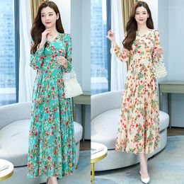 Casual Dresses 2024 Spring V-neck Chiffon Print Dress Long Sleeve Elastic Cuffs Waist Closing Feminine Skirt Sand Spread