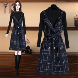 Suits 2 Piece Suit Belt Plaid Wool Blend Pockets Strap Dress + Solid Colour Knitted Sweater Women Elegant Spring Autumn Korean New Sets