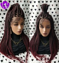 part ombre red Colour Braided Box Braids Lace Frontal Wig Heat Resistant Hair Long Natural full Braided Wigs For Black Women5989217