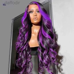 Synthetic Wigs Long Brazilian Hair Body Wave Purple Wig Transparent Lace Front Wig Green/Grey/Pink Highlight Wigs for Women Synthetic Heat Resistant 240308