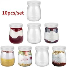 100ml 10Pcs Mini Yoghourt Jars Glass Pudding Cups with PE Lids Containers Pot Ideal for Milk Jellies Honey Spices Mousse 240304