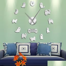 Wall Clocks Samoyed Dog Breed Portrait Diy Big Wall Clock Frameless Puppy Pet Acrylic Mirror Surface Sticker Mute Watch Home Drop Deli Dhlib