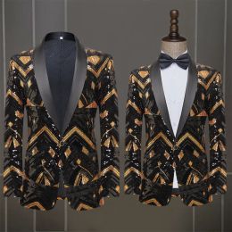 Suits New Men's Coat Black Gold Sequins Blazer Performance Dress Host Night Club Wedding (Only Jacket)