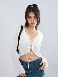 Women's Polos Women S Sexy Lace Crop Cardigan Y2k Long Sleeve Mesh Sheer Tie Front Top Summer See Through For Streetwear