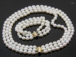 Necklace Earrings Set Fashion 3 Rows 8-9mm White Oval Freshwater Cultured Pearl Bracelet