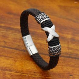 Charm Bracelets 12MM Wide Braided Vintage Genuine Leather Bracelet For Men Stainless Steel X Bead With Magnet Clasp