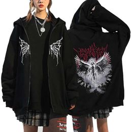 Gothic Wing Graphic Print Hoodies Hip Hop Streetwear Zipper Sweatshirts Fleece Womens Y2K Dark Zip Up Jacket Loose Casual Coats 240305