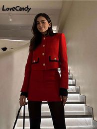 Red Fashion Tweed Wool Blends Jacket Skirt Suit Women Single Breasted Coat + Slim Skirts 2 Piece Sets Elegant Female Outfits