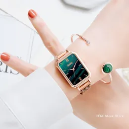 Wristwatches Women Watches Fashion Square Ladies Quartz Watch Bracelet Set Green Dial Simple Rose Gold Mesh Luxury 5373 7186 5452