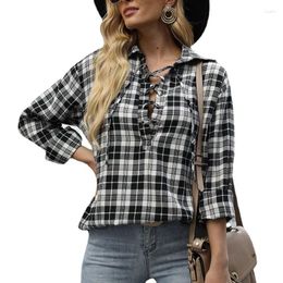 Women's Blouses Spring Autumn Woman Shirt Plaid Female Top European Style Lace-up Neck Blouse