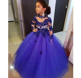 Royal Blue Little Girls Pageant Dresses Long Sleeves Crystal Beaded High Neck Kids Prom Dresses Birthday Party Gowns For Little Gi9111890