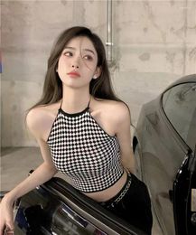 Women's Tanks 2024 Sexy Fashion Hanging Neck Small Strap Tank Top Summer Outwear Open Navel Sleeveless T-shirt Plaid Knit Crop