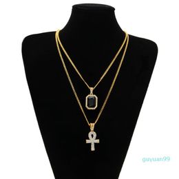 Egyptian Ankh Key of Life Bling Rhinestone Cross Pendant With Red Ruby Pendant Necklace Set Men Hip Hop Jewelry234B