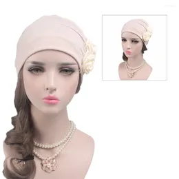 Berets Beanie Chemo Cap Flower Turban Night Hat Long Hair Care Bonnet Headwrap Headscarf Loss For Ladies ( Beige )