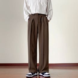 Pants Japanese Vintage Drape Pants Men Spring Summer Korean Coffee Colour Suit Pants Loose Straight Casual Pants Button Trousers S3XL