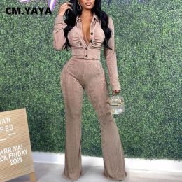 Suits CM.YAYA Elegant Velvet Women Set Ruched Single Breasted Tunic Shirt and Flare Pants Suit Tracksuit Two Piece Set Fitness Outfits