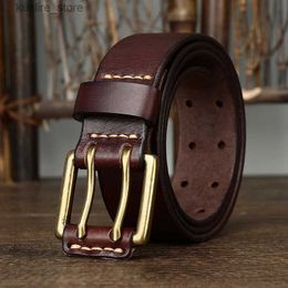 Belts 3.8cm Wide Vintage Mens Belt Cowhide Genuine Leather Belt Copper Double Needle Buckle Handmade Jeans Belt Fashion Male Strap L240308