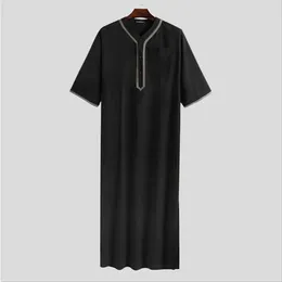 Ethnic Clothing Muslim Men's Jubba Thobe Solid Colour Button Middle Sleeve Robe Saudi Musulman Shirt Stand Collar Islamic Arabic Kaftan Male