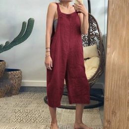 Capris Women Solid Colour Loose Pants Dungaree Jumpsuit 2022 Summer Casual Wide Leg Bib Overalls Sleeveless Cotton Linen