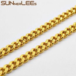 Chains SUNNERLEES Fashion Jewellery Gold Plated Necklace 6mm Curb Cuban Link Chain Shiny Flower Printing For Men Women Gift C78 N315e
