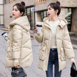 Women's Trench Coats Cotton Hooded Parkas Women Autumn Winter Thick Loose Pockets Jackets Zipper Warm Quilted Coat 2024 Outwear White Korean