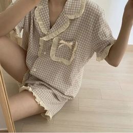 Korean Pyjama for Women Summer Loungewear Sleepwear Sets Girls Sweet Plaid Lapel Pyjama Kawaii Ruffle Pijama Japanese Home Suit 240306