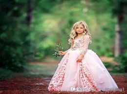 Arabic Blush Pink Flower Girls Dresses For Weddings Long Sleeves Lace Appliques Ball Gown Birthday Girl Communion Pageant Gown46457879702