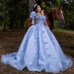 Light Blue Off The Shoulder Bow Ball Gown Quinceanera Dresses Sequined Appliques Lace Corset Vestidos De 15 Anos