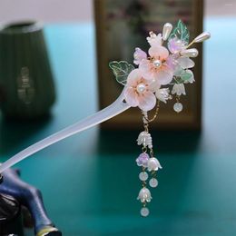 Hair Clips Antique Floral Stick Chinese Wedding Accessories For Women Pink Flower Hairpin Chopstick Classic Han Cloth Bun Jewellery