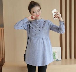 Waist Pleated Embroidery Cotton Maternity Shirt Summer Autumn Blouse Tops Clothes for Pregnant Women Pregnancy Clothing5798387