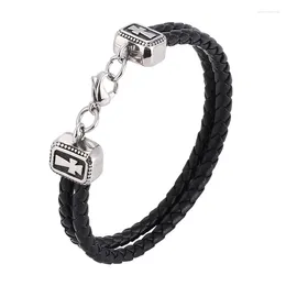 Charm Bracelets Fashion Double Layer Black Braided Leather Cross Bracelet Men Stainless Steel Lobster Clasp For Women Jewellery SP1090